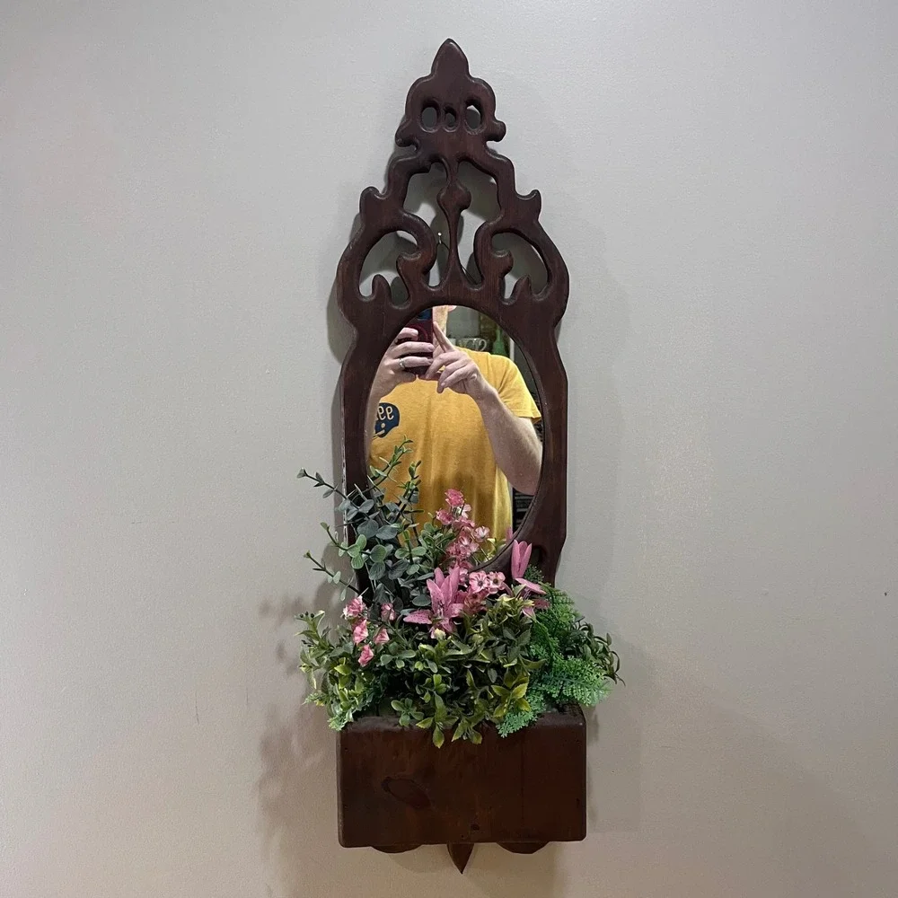 Vtg Rustic Wood Wall Pocket Planter with Mirror Scrollwork Farmhouse Decor 32